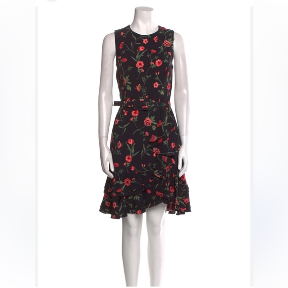 Michael Kors Collection - Black & Rosewood Floral Ruffle Hem Dress Belted - sz 8